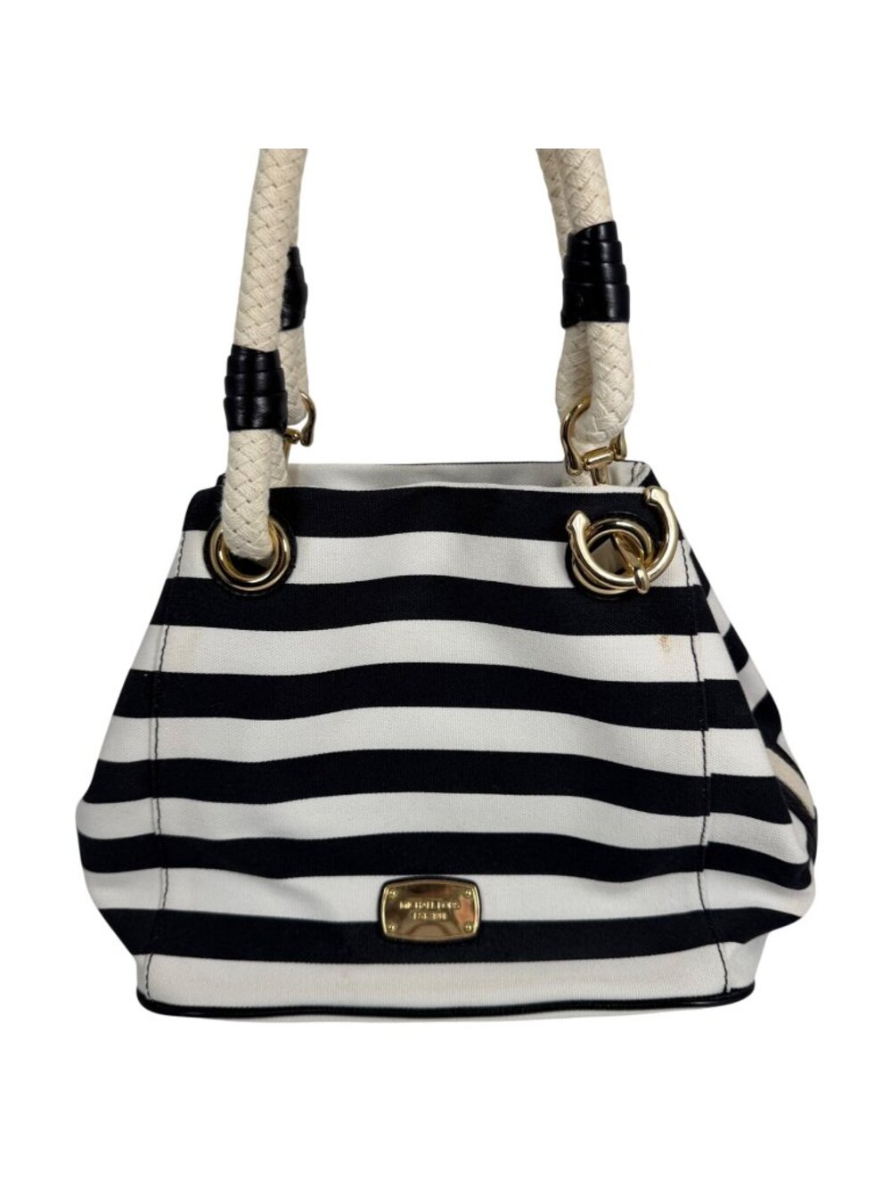 Michael Kors Black White Nautical Striped Canvas Tote Shoulder Bag Rope Handles